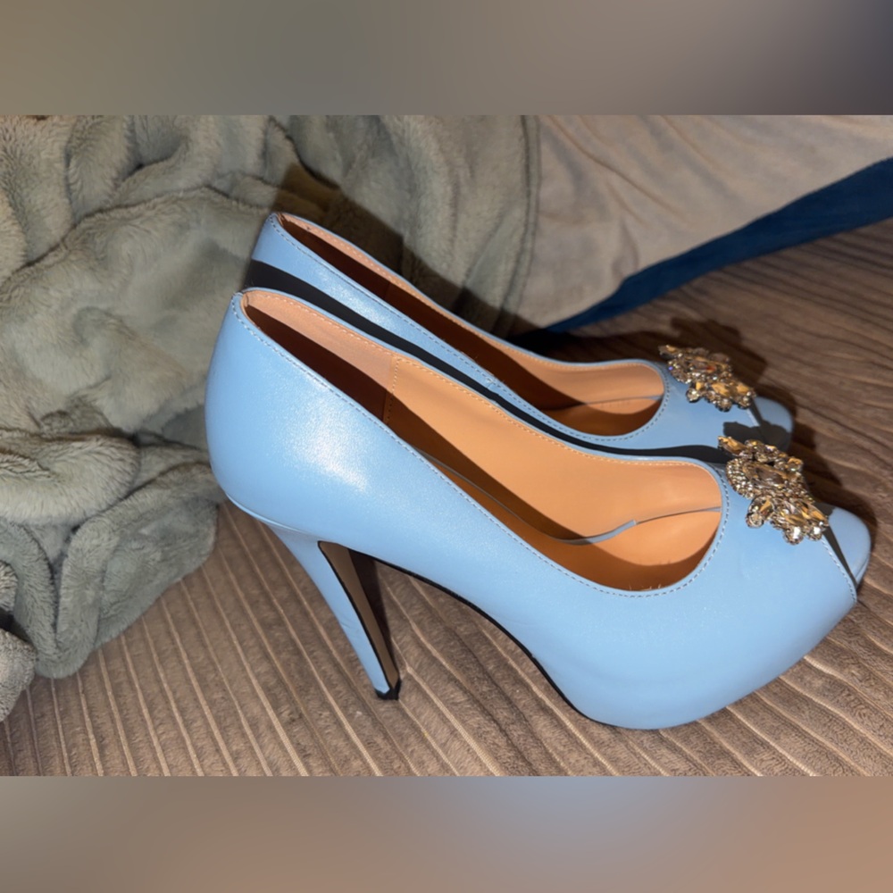 Sky Blue Embellished Women's Heels - Picture 5 of 9